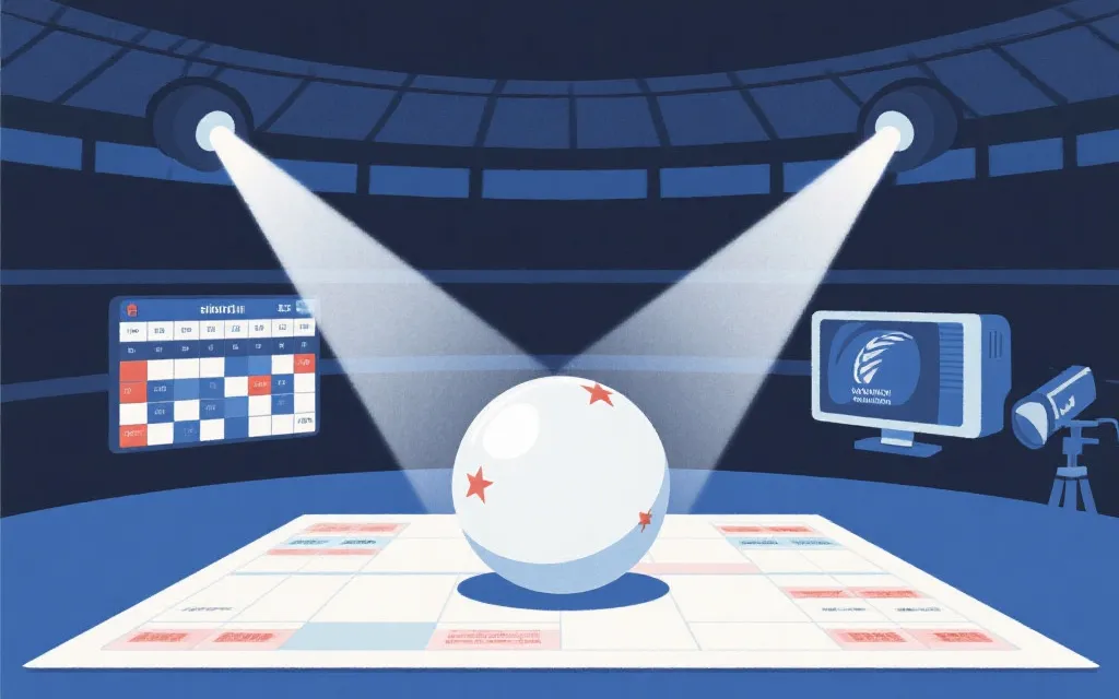 预选赛抽签与赛程表在媒体间传播，体现规则与商业叙事交织的概念画面